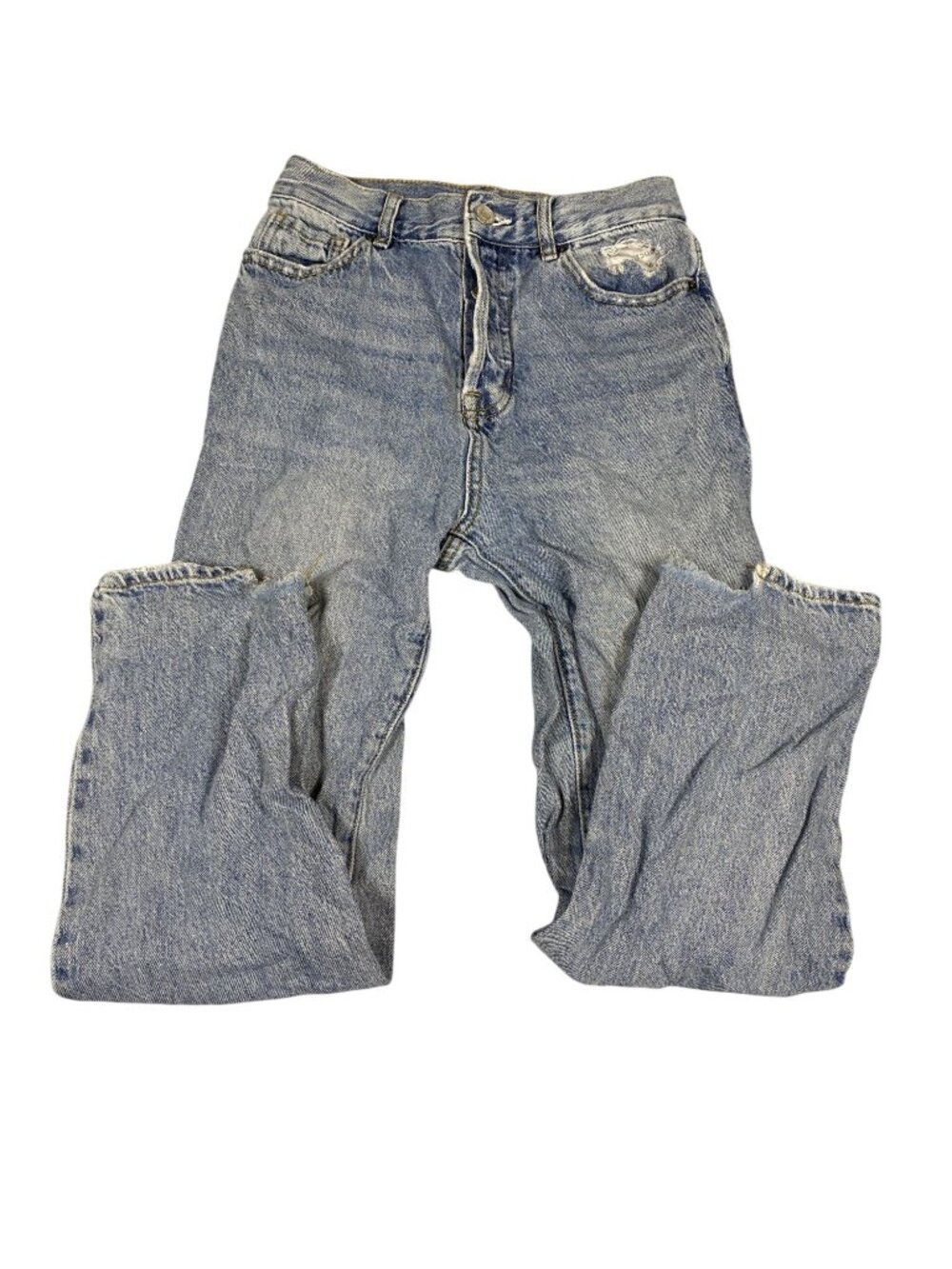 PacSun Distressed High Rise Straight-Leg Blue Denim Jeans Raw Hem Ripped Knees